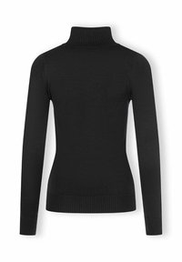 Schwarzer Rollkragenpullover mit langen Ärmeln, geripptem Kragen und Saum, aus einem glatten, dehnbarem Strickstoff gefertigt. Rückansicht zeigt die taillierte Passform.