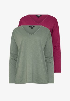 Set di due T-shirt a maniche lunghe con scollo a V in verde oliva e magenta scuro, realizzate in un tessuto morbido con una leggera trama melangiata.