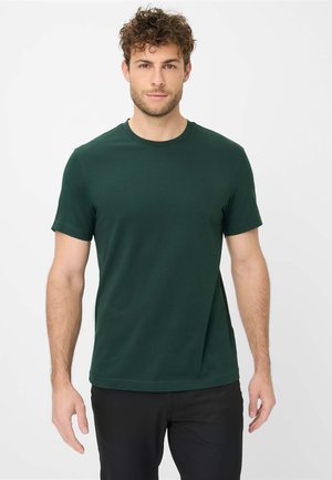 Dunkelgrünes T-Shirt mit kurzen Ärmeln, Rundhalsausschnitt, glatter Textur und taillierter Passform. Keine sichtbaren Muster oder Akzente.