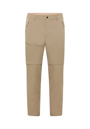 Pantalon convertible beige avec jambes zippées amovibles, poches latérales zippées et passants pour ceinture, conçu pour une utilisation extérieure polyvalente.