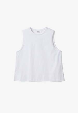 Top corto blanco sin mangas con amplios orificios para los brazos y escote redondo, colocado plano sobre un fondo blanco.