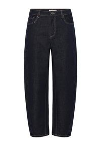 Jeans de mezclilla oscura con un ajuste relajado, con costuras amarillas, cinco bolsillos, cierre de botón y un diseño de pierna recta.