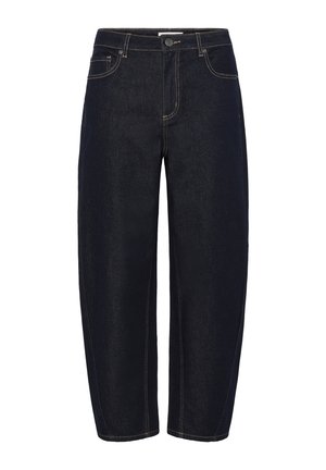 Jeans en denim foncé avec une coupe décontractée, présentant des coutures jaunes, cinq poches, une fermeture à bouton et une coupe droite.