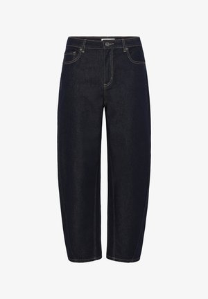 Donkerdenim jeans met een ontspannen pasvorm, voorzien van gele stiknaden, vijf zakken, een knoopsluiting en een recht model.