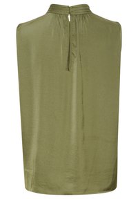 Olive green sleeveless blouse with a high neckline, featuring a button closure at the back and soft, slightly textured fabric.