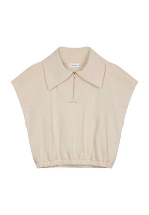 Beige avskåret topp med stor krage, korte ermer og glidelås foran. Har en samlet søm og subtil tekstur. Merkeetikett inni.