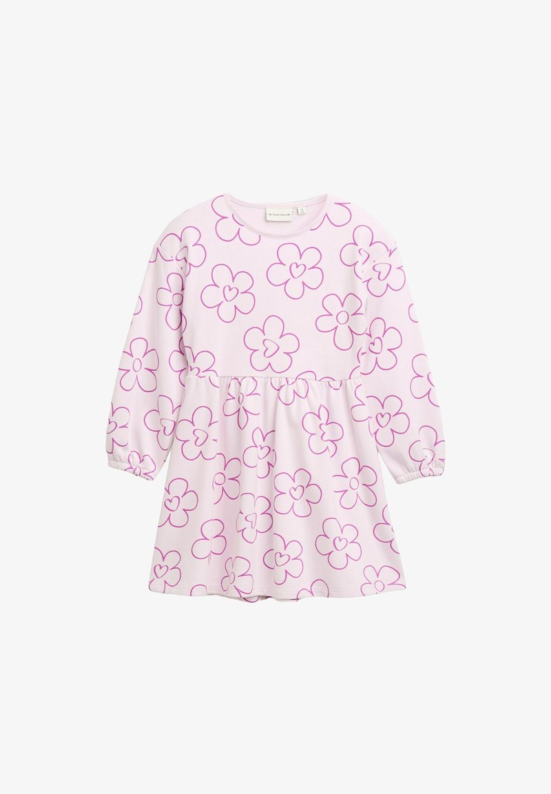 Roza obleka z dolgimi rokavi, ki ima cvetlični vzorec v vijolični barvi. Zgornji del je zgraden v pasu, kar ustvarja razširjen silhueto.