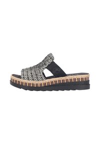 Geweven zwart-witte slip-on sandalen met een open teen. Bevat een chunky natuurfiber en zwartgestreepte kurk tussenzool en een gestructureerde zwarte zool.
