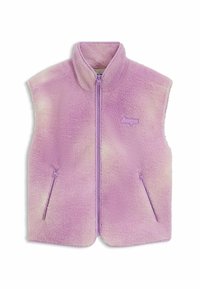 Violetti fleece-liivi, jossa on korkea kaulus ja täysi etuvetoketju. Varustettu kahdella vetoketjullisella sivutaskulla ja logolla rinnassa. Pehmeä rakenne.