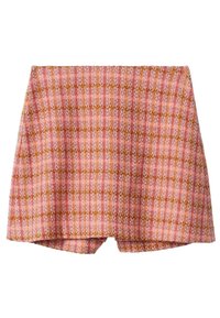Gonna tweed a quadri rosa e oro con forma svasata, caratterizzata da una finitura texture e un orlo che scende leggermente nella parte anteriore.