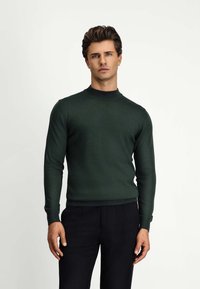 Dunkelgrüner Strickpullover mit hohem Kragen und langen Ärmeln, der eine figurbetonte Silhouette sowie gerippte Bündchen und Saum aufweist.