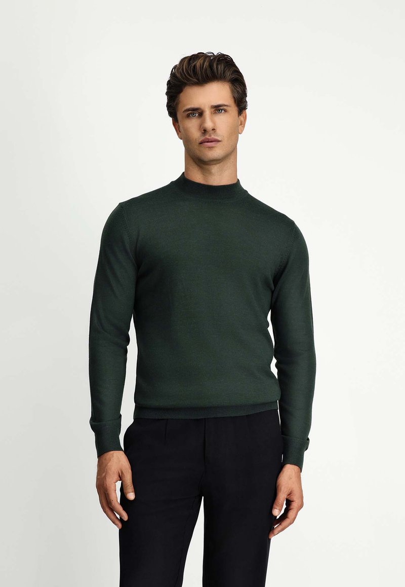 Dunkelgrüner Strickpullover mit hohem Kragen und langen Ärmeln, der eine figurbetonte Silhouette sowie gerippte Bündchen und Saum aufweist.