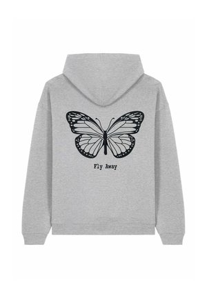 Haut à capuche gris avec un graphisme de papillon noir au dos, comportant le texte "S'envoler" en dessous du papillon. Tissu doux et texturé.