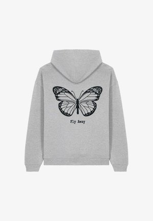 Szürke kapucnis felső, fekete lepkével a háttérben, alatta a "Repülj el" felirattal. Puha, texturált anyag.