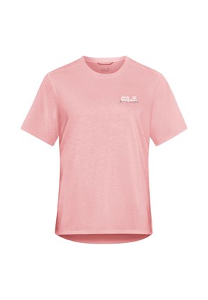 Lichtroze T-shirt met korte mouwen, een ronde halslijn en een subtiel logo op de linkerborst. Zachte katoenen stof met een gladde afwerking.