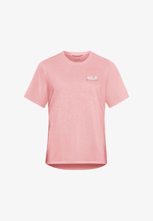 Lichtroze T-shirt met korte mouwen, een ronde halslijn en een subtiel logo op de linkerborst. Zachte katoenen stof met een gladde afwerking.