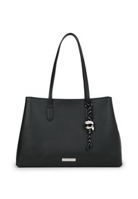 Μαύρη δερμάτινη τσάντα tote με διπλούς ιμάντες και ένα κρεμαστό γούρι που απεικονίζει ένα στυλιζαρισμένο πρόσωπο με γυαλιά ηλίου.