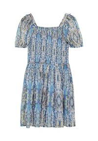 Gerafftes blaues Kleid mit kurzen Puffärmeln, das ein mehrfarbiges abstraktes Muster zeigt und einen taillierten Oberteil hat, der in einen ausladenden Rock übergeht.