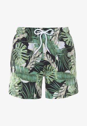 Pánské plavky s černým pozadím a tropickým vzorem zelených listů, elastickým pasem a bílou šňůrkou pro nastavení.