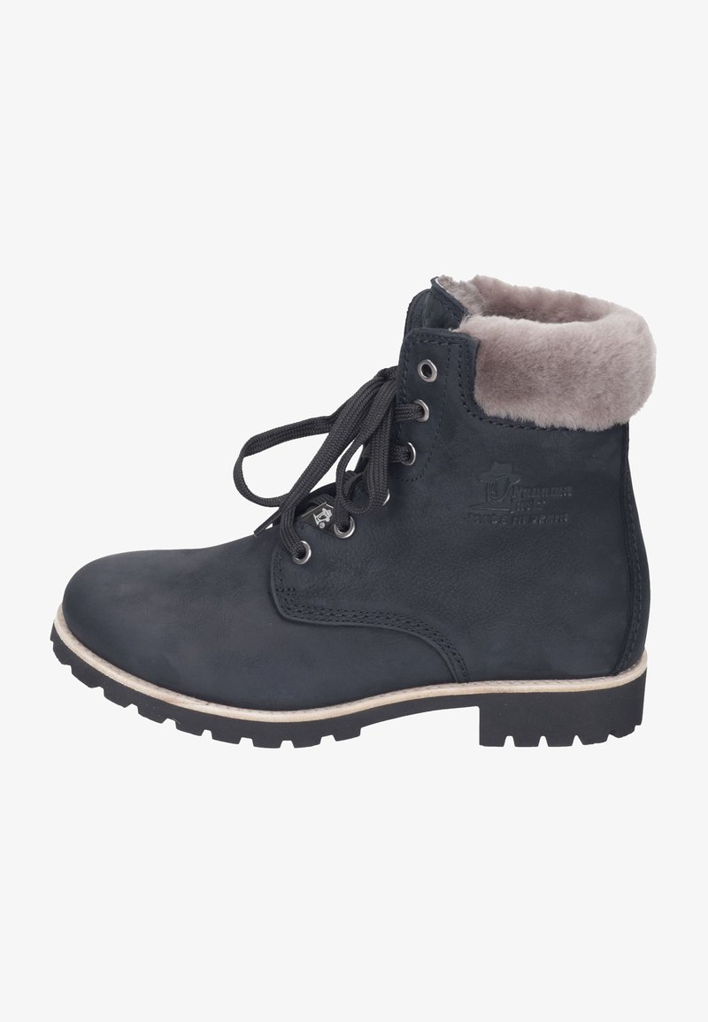 Black leather ankle boot with grey fur lining, round toe, and black laces. Features a textured surface and rugged rubber sole.