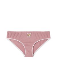 Pinke Baumwoll-Bikini-Unterhosen mit weißen Akzenten, versehen mit einem Cartoon-Hund und dem Text "Neue Partner hier, um zu helfen!"