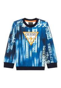 Felpa blu con un design grafico che presenta testo e motivi, maniche lunghe, colletto a costine e un logo a forma di diamante arancione.
