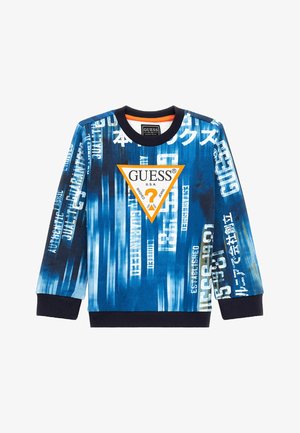 Felpa blu con un design grafico che presenta testo e motivi, maniche lunghe, colletto a costine e un logo a forma di diamante arancione.