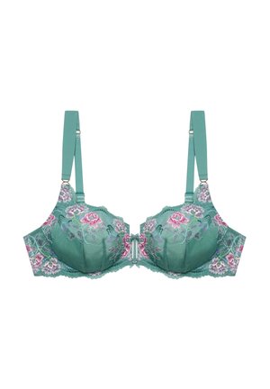 Green padded bra with pink and white floral embroidery, adjustable straps, and a front clasp closure.
