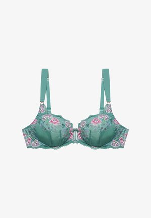 Sujetador verde acolchado con bordado floral en rosa y blanco, tirantes ajustables y cierre frontal.