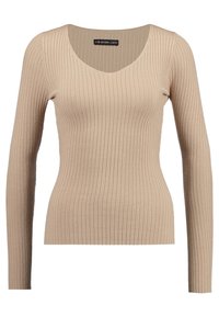 Beige ribattu pitkähihaine villapaita, jossa on avara kaula-aukko ja istuva siluetti.