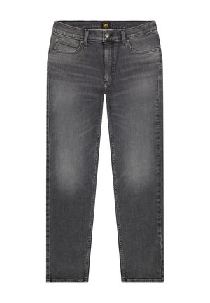 Moške temno sive ozke kavbojke s petimi žepi, z zapenjanjem na gumbe in rahlim bledenjem na sprednjih stegnih.