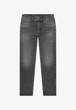 Męskie ciemnoszare jeansy o dopasowanym kroju z pięcioma kieszeniami, zapinane na guzik, z subtelnym blaknięciem na przednich udach.