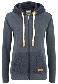 Haut à capuche zippé navy avec une poche en tricot texturé, des cordons de contraste et des accents en cuir. Tissu doux avec des poignets côtelés et une doublure de capuche.