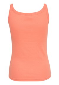 Débardeur couleur pêche en coton extensible. Présente un décolleté arrondi, des fines bretelles et une coupe ajustée sans motifs.