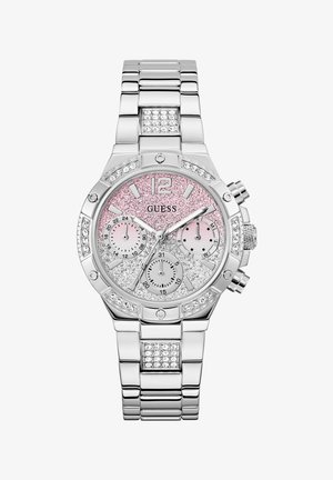 Relógio de aço inoxidável prateado com um mostrador de glitter rosa e prateado, três submostradores, realces em cristal e uma bracelete ligada.