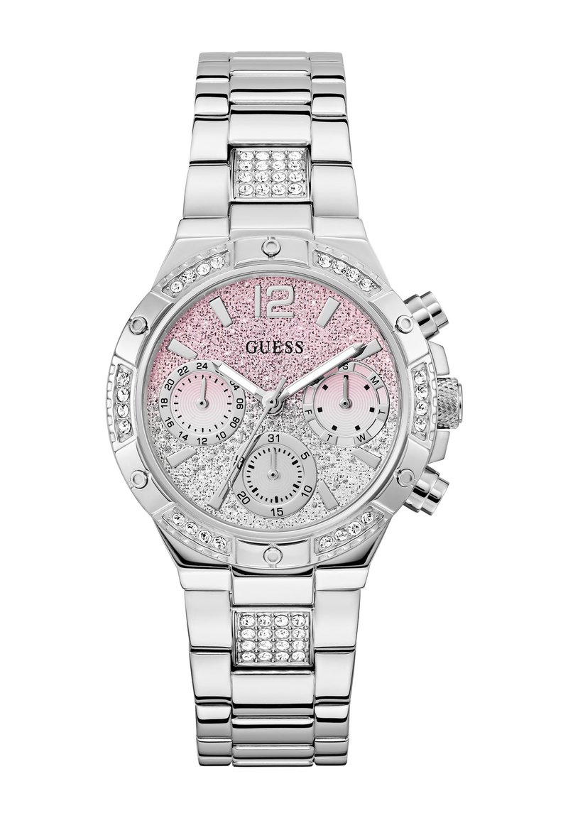 Silver stainless steel watch featuring a pink and silver glitter dial with three sub-dials, crystal accents, and a linked bracelet.