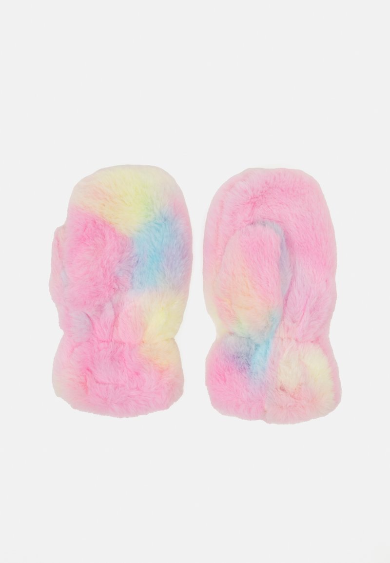 Sørgermittens i nuancer af pink, blå og gul. Blød tekstur med et gradientmønster. Rund form med et fluffy udseende.