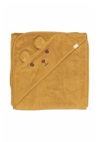Dětská osuška s kapucí z měkké, texturované žluté látky. Obsahuje uši medvěda, vyšívané detaily obličeje a kontrastní lemování.