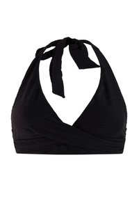 Top de bikini halter negro con textura, con frente envolvente y cierre de lazo en el cuello.