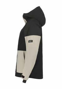 Giacca impermeabile nera e beige con cappuccio, maniche lunghe e polsini regolabili; presenta un logo sulla manica sinistra e un design a blocchi di colore.