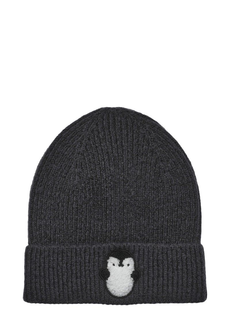 Czarnoszary dzianinowy kapelusz z prążkowaną fakturą, z małym haftowanym wzorem pingwina na przodzie.