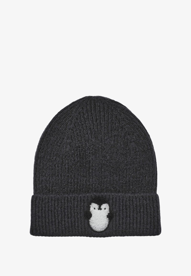 Czarnoszary dzianinowy kapelusz z prążkowaną fakturą, z małym haftowanym wzorem pingwina na przodzie.