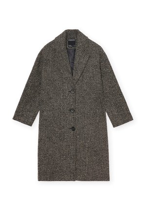 Abrigo con patrón de espiga en gris oscuro y negro, con cuello con muescas, tres botones y mangas largas. Interior forrado.