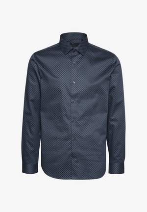 Mornarsko modra majica z dolgimi rokavi, ki ima geometrijski vzorec, zapiranje na gumb in strukturni ovratnik iz gladkega materiala.