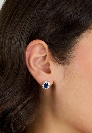 Orecchini a bottone in zaffiro con un alone scintillante in tonalità argento, caratterizzati da una pietra blu a forma ovale circondata da piccole pietre trasparenti.