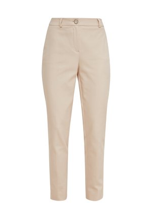 Beige, op maat gemaakte slim fit broek met ceintuurlussen, voorste knoop en ritsluiting, met een strak, minimalistisch ontwerp.