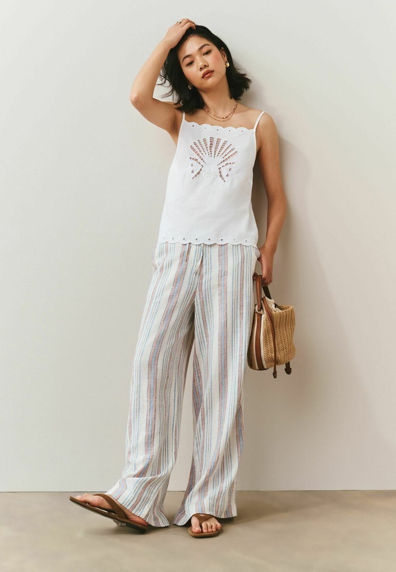Femme en haut blanc sans manches avec un motif découpé et des bords festonnés, pantalon large rayé, tenant un sac tissé, debout contre un mur.