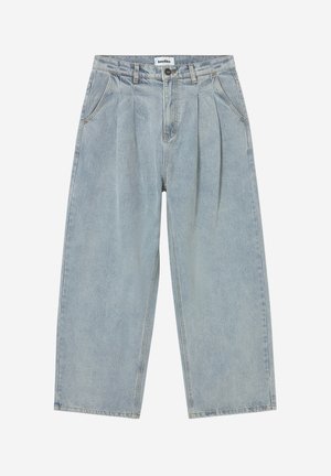 Light blue high-waist wide-leg jeans with front pleats, side pockets, belt loops, and button closure.