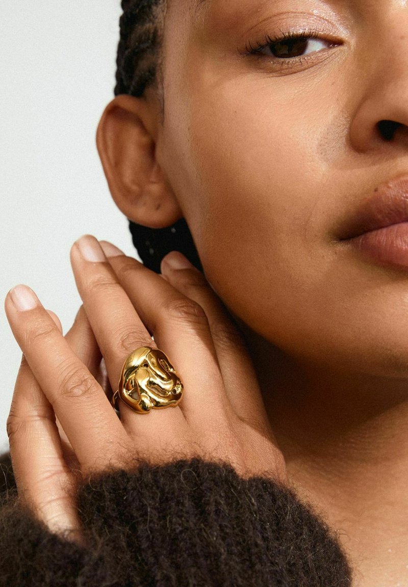 Bague de couleur or en forme de tête de lion avec des textures détaillées. Portée sur une main contre un tissu sombre texturé.