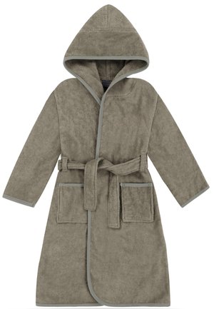 Kinder-Kapuzenbademantel aus hellbraunem Frottee mit Gürtel und zwei Vorder Taschen, in Grau eingefasst.